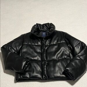 GAP Black Faux- Leather Cropped Puffer Jacket
